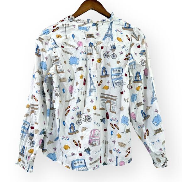 Talbots Paris Icons Ruffle Popover MP Cotton Blouse Top French Print Peasant - Picture 7 of 9